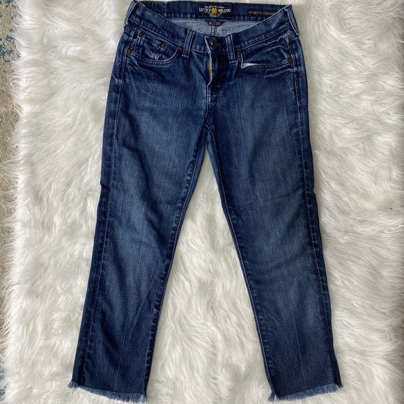 Lucky Brand Denim - Lucky Brand Sweet N’ Straight Denim Ankle Cropped Jeans Raw Hem Fringe Sz 0/25